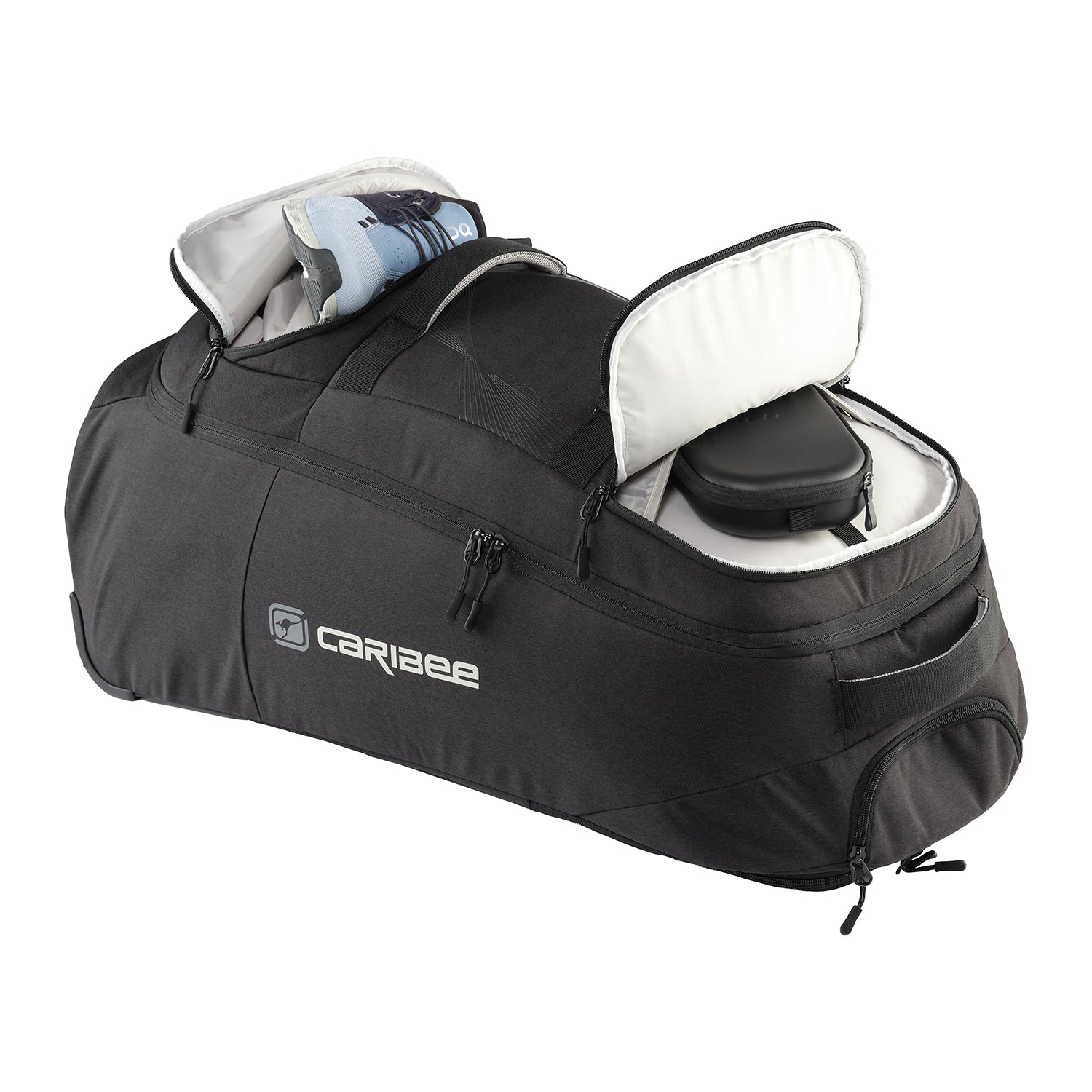 Caribee Adventure 70L Hybrid wheel backpack Black front pockets