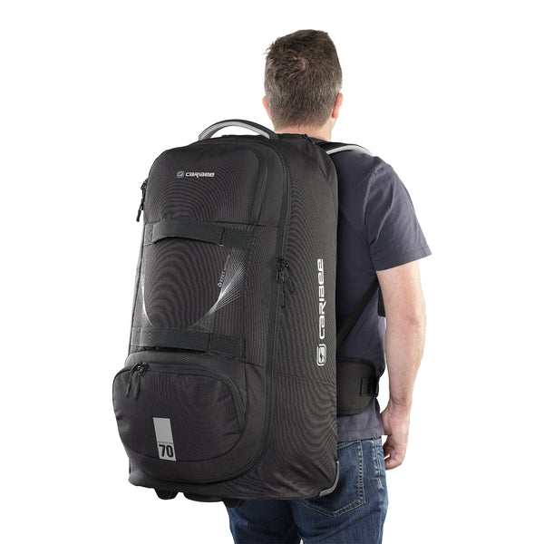 Caribee Adventure 70L Hybrid wheel backpack Black on model