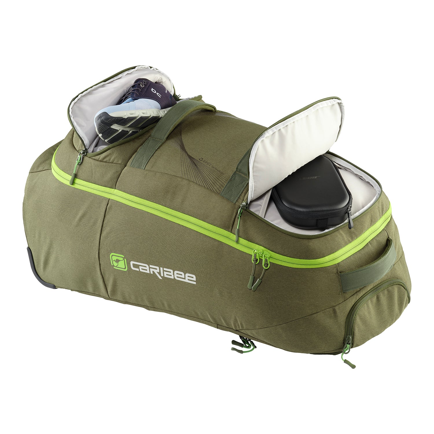 Caribee Adventure 70L Hybrid wheel backpack Olive front pockets