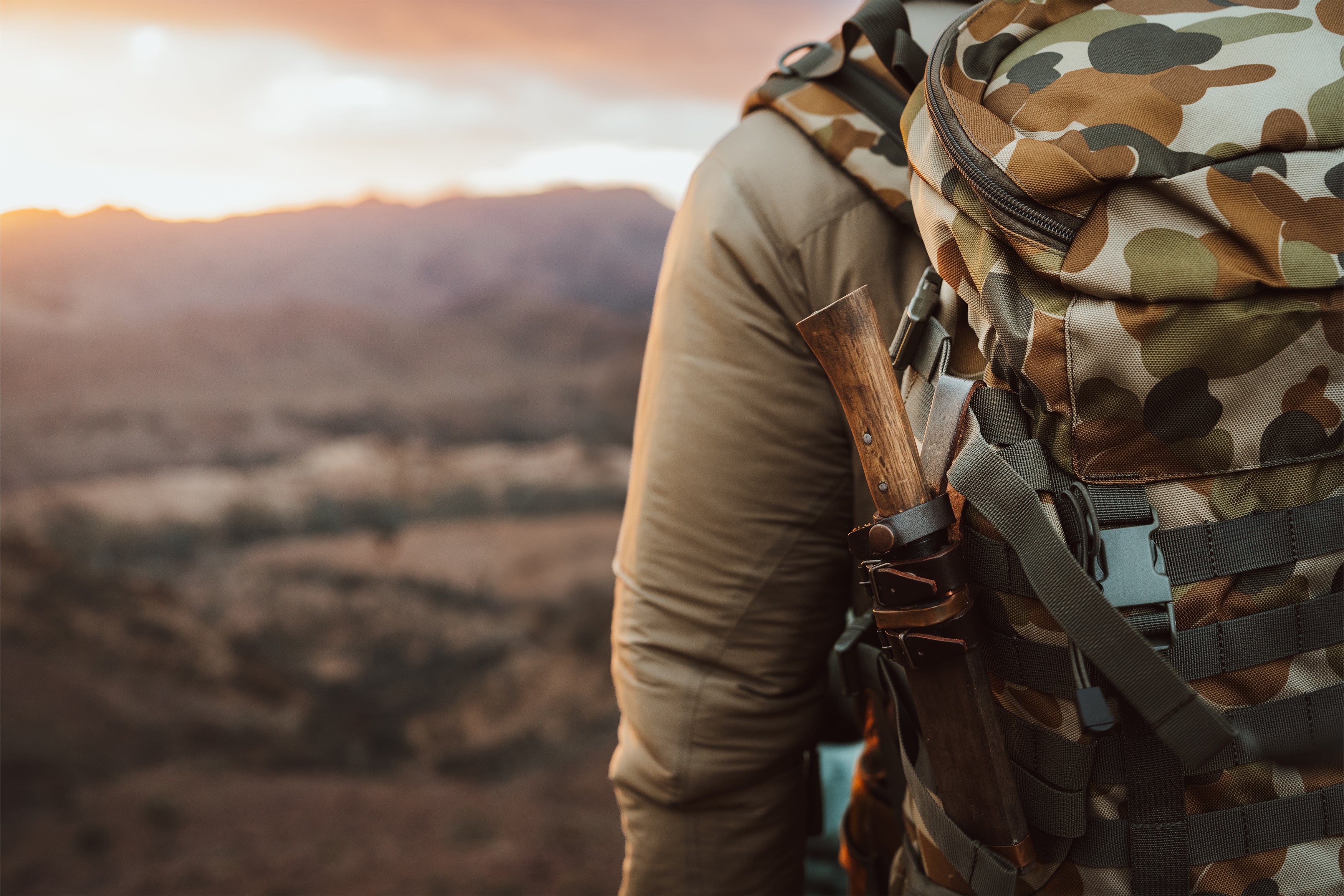 Person with a camouflage backpack overlooking a scenic landscape during sunset.