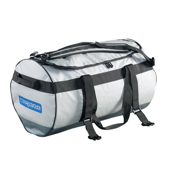 Caribee Kokoda 90L tarpaulin barrel bag grey semi opened