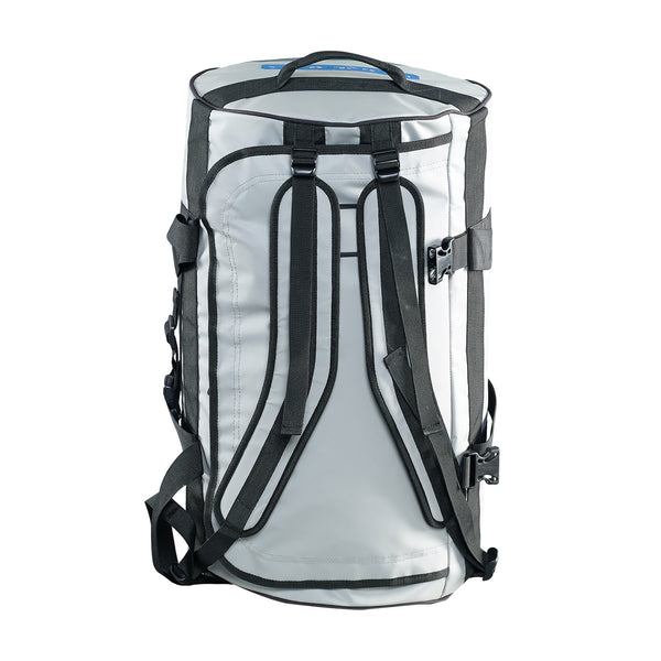 Caribee Kokoda 90L tarpaulin barrel bag grey upright