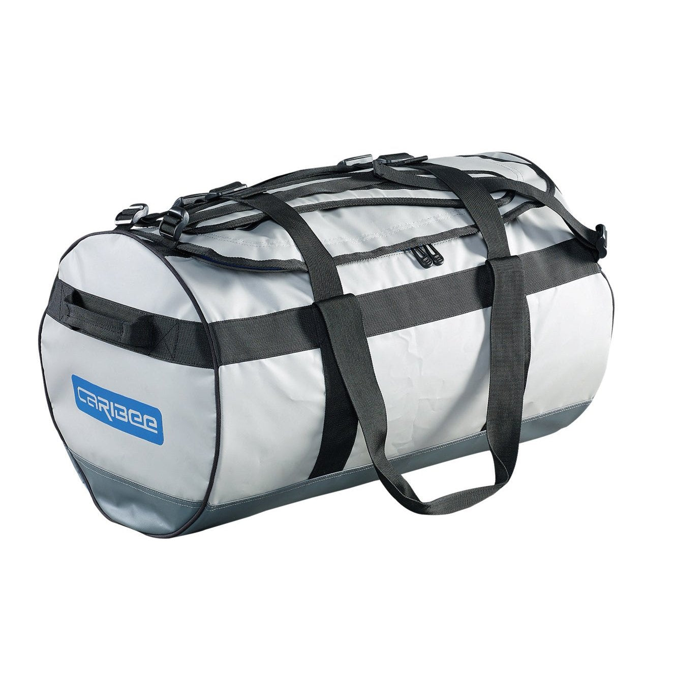 Caribee Kokoda 90L tarpaulin barrel bag grey with handles down