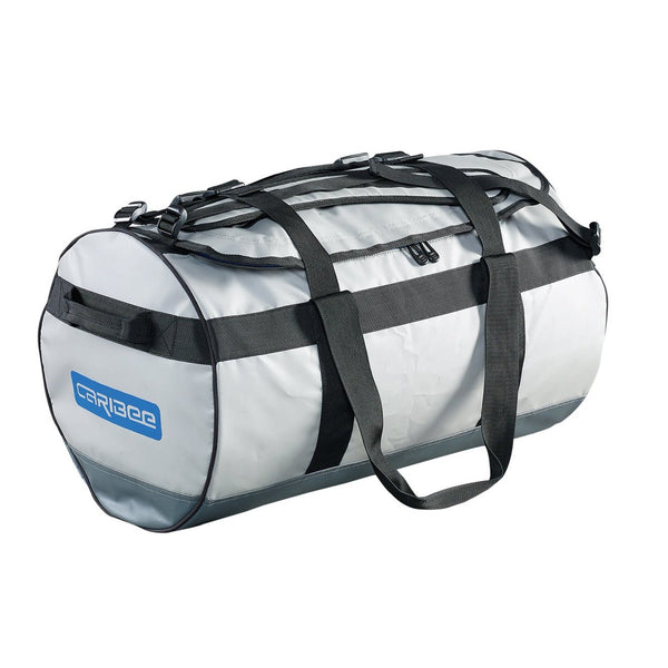 Caribee Kokoda 90L tarpaulin barrel bag grey with handles down