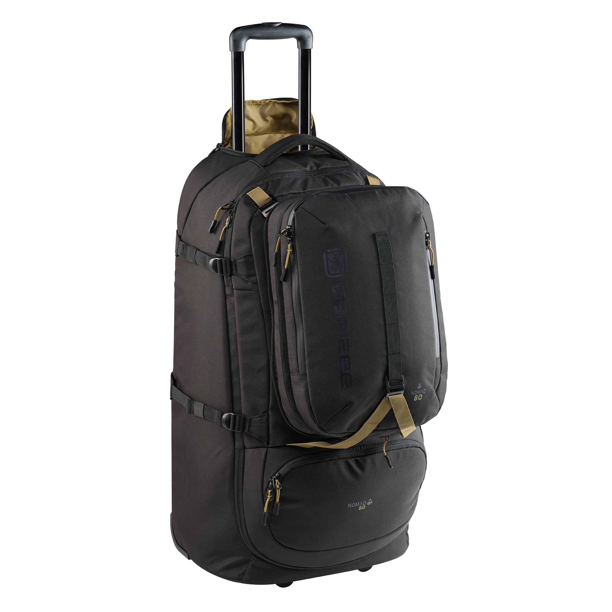 Black rolling travel pack with olive accents on a white background