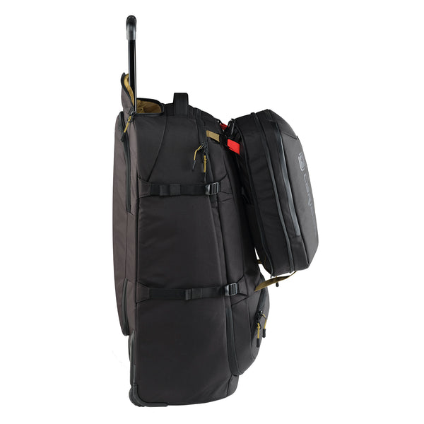 Black travel backpack with wheels on a white background