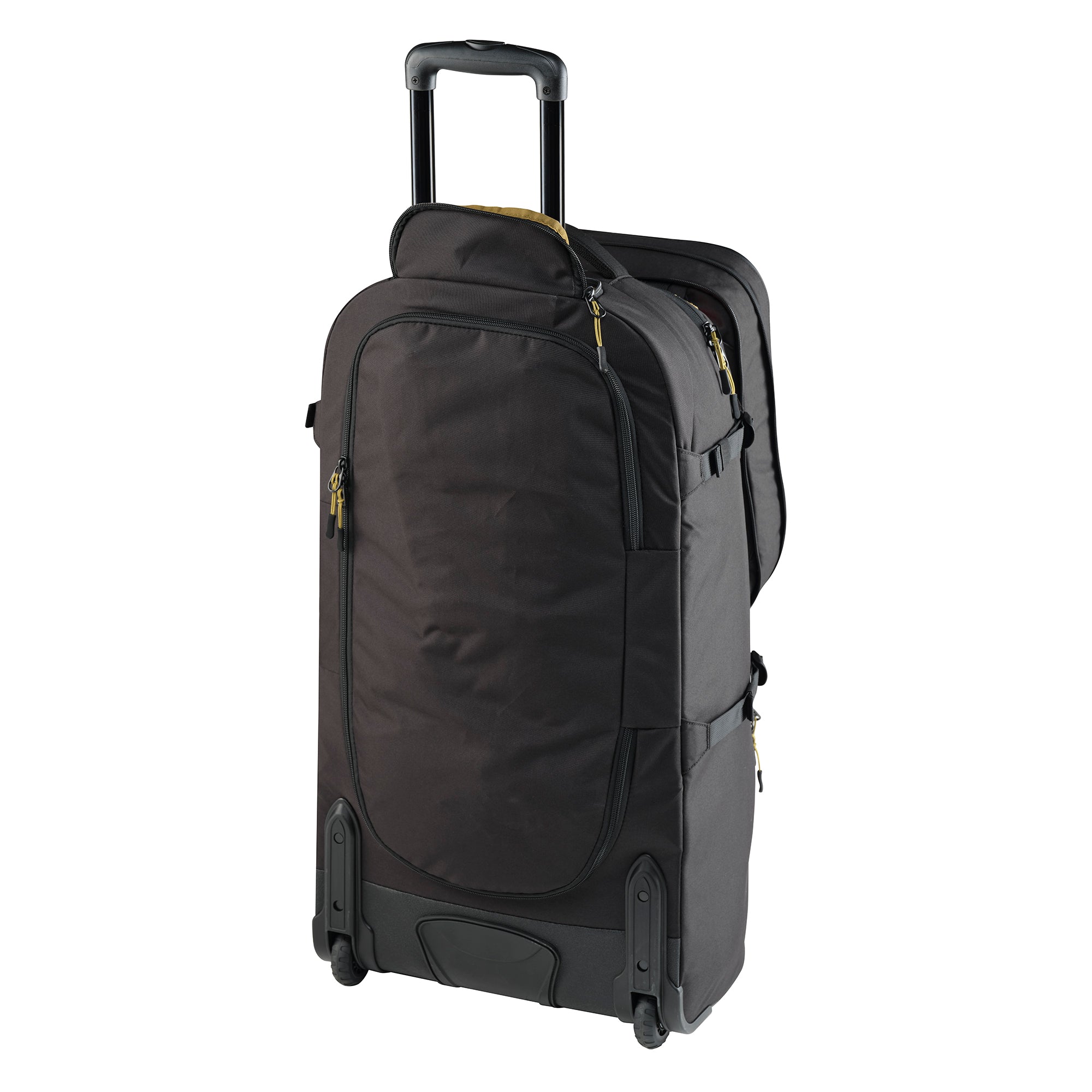 Rear of Black rolling travel bag on a white background