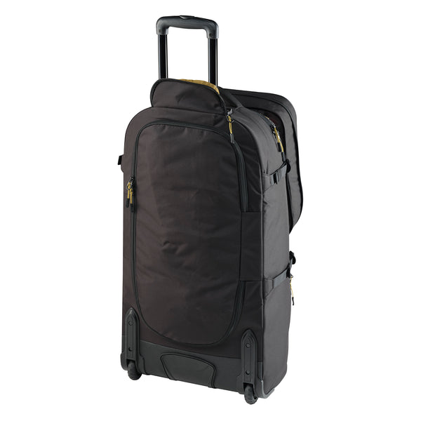 Rear of Black rolling travel bag on a white background