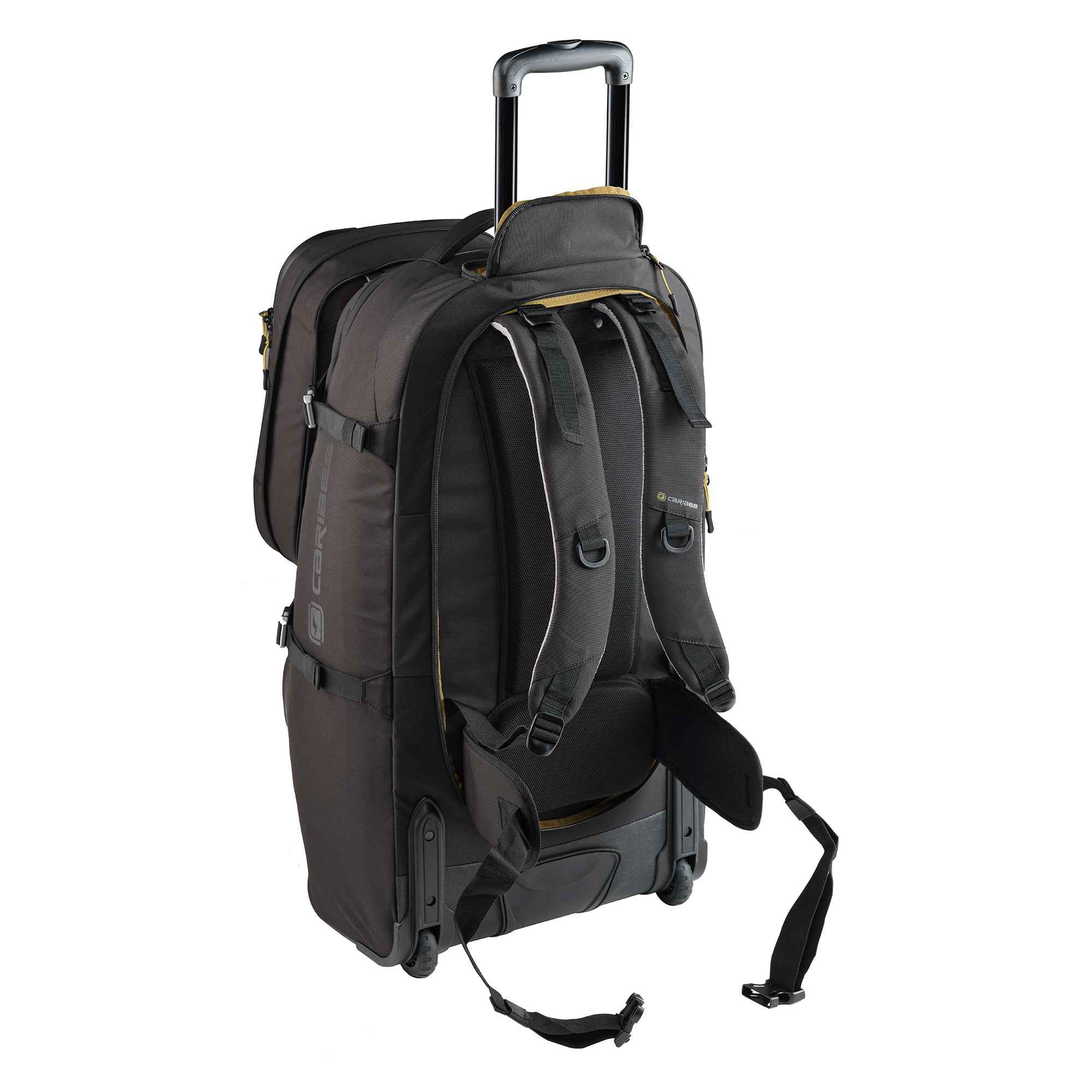 Black rolling backpack on a white background with harness exposed