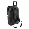 Black rolling backpack on a white background with harness exposed