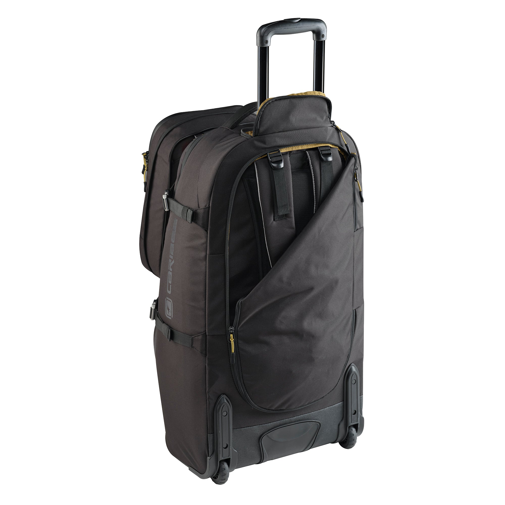 Black rolling suitcase on a white background with backpack harness showing
