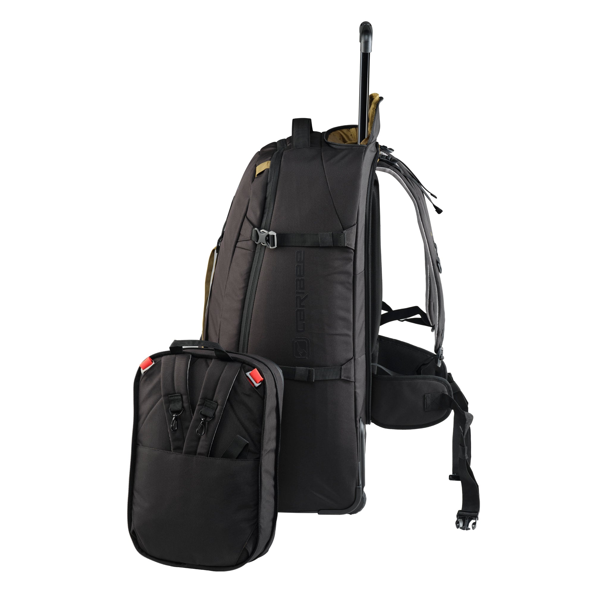 Black backpack with rear of a smaller black bag on a white background