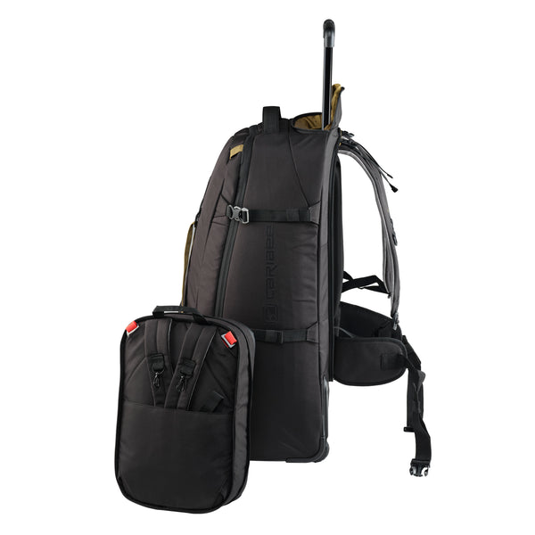 Black backpack with rear of a smaller black bag on a white background