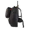 Black backpack with multiple compartments on a white background