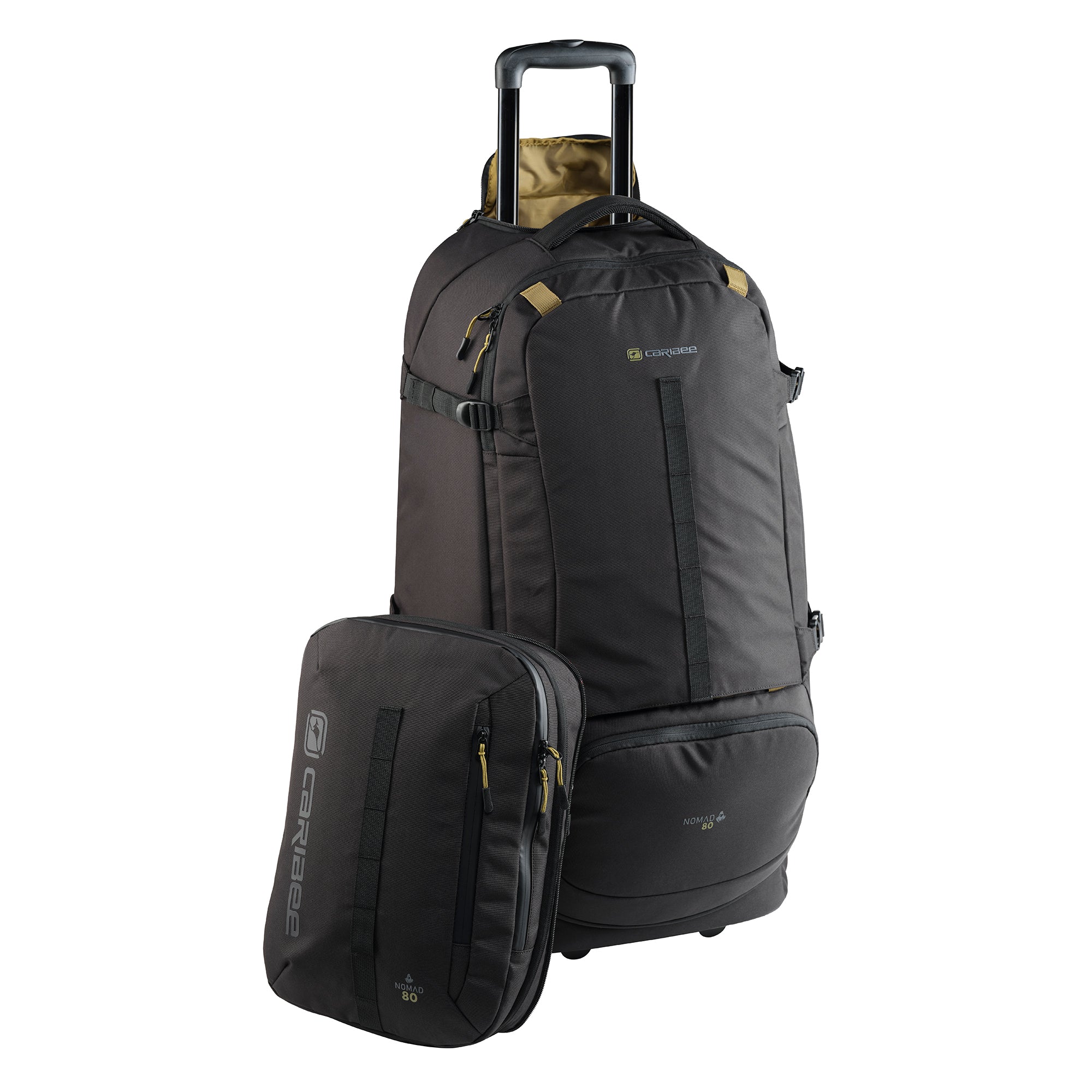 Black travel bag and daypack with wheels on a white background