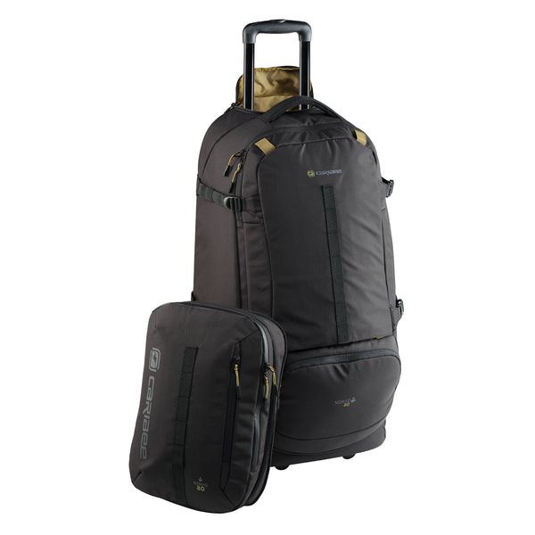 Black travel bag and daypack with wheels on a white background