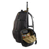 Black backpack with open front compartment on a white background