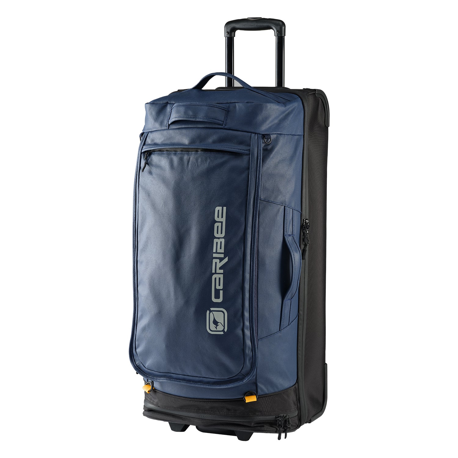 A blue Caribee Odyssey Hybrid 100L wheel travel bag with telescopic handle, top and side carry options, and all-terrain wheels.