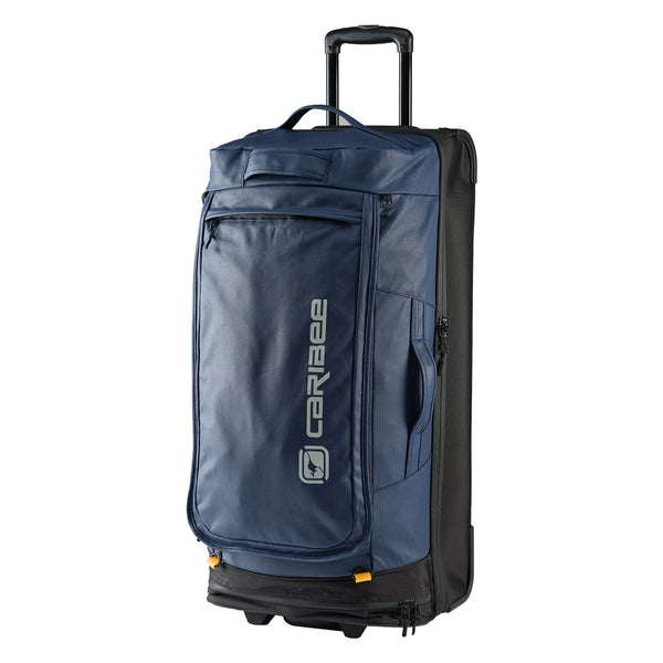 A blue Caribee Odyssey Hybrid 100L wheel travel bag with telescopic handle, top and side carry options, and all-terrain wheels.
