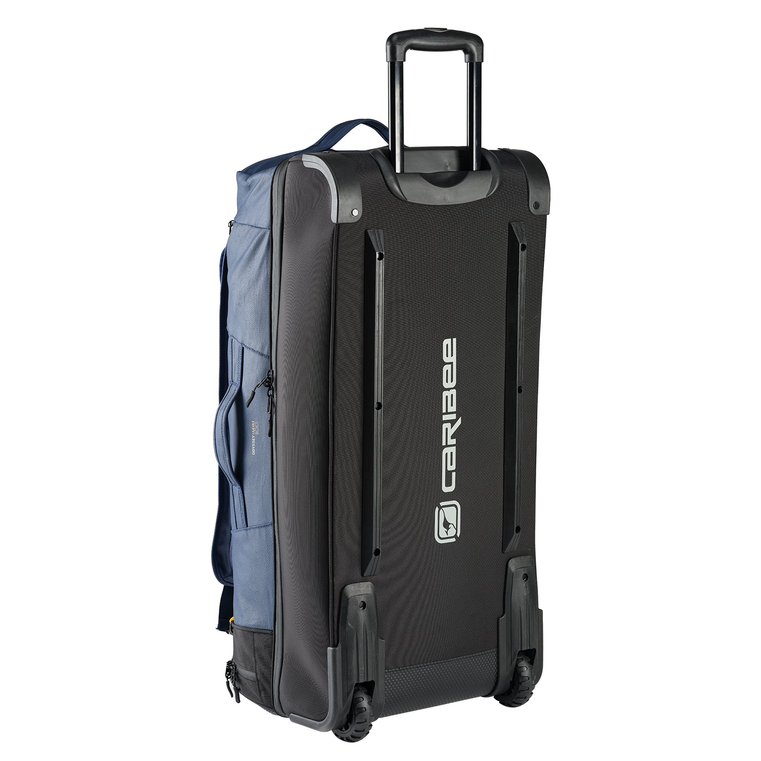 Base view of the Caribee Odyssey Hybrid 100L wheel travel bag with telescopic handle, top and side carry options, and all-terrain wheels.