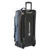 Base view of the Caribee Odyssey Hybrid 100L wheel travel bag with telescopic handle, top and side carry options, and all-terrain wheels.