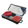 Caribee Odyssey Hybrid travel luggage open showing top and bottom access and packing cubes neatly packed inside