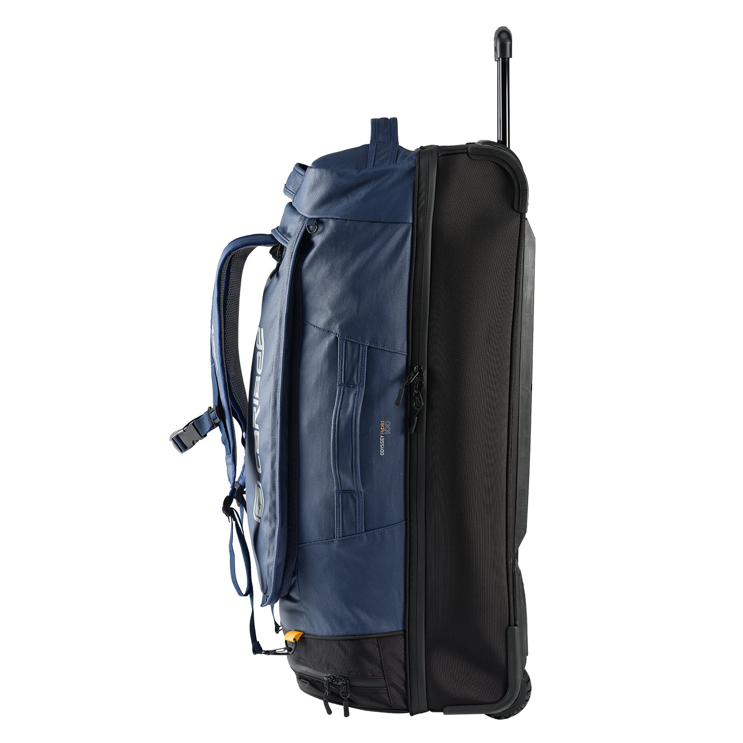 Side view of the blue Caribee Odyssey Hybrid 100L wheel travel bag with telescopic handle, top and side carry options, and all-terrain wheels.