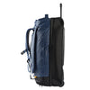 Side view of the blue Caribee Odyssey Hybrid 100L wheel travel bag with telescopic handle, top and side carry options, and all-terrain wheels.