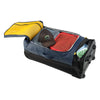Caribee Odyssey travel bag open at the top level and also showing the base shoe pocket open with shoes inside