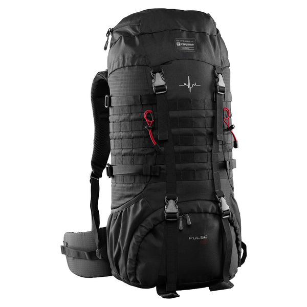 Black tactical backpack with visible caribee branding on a white background