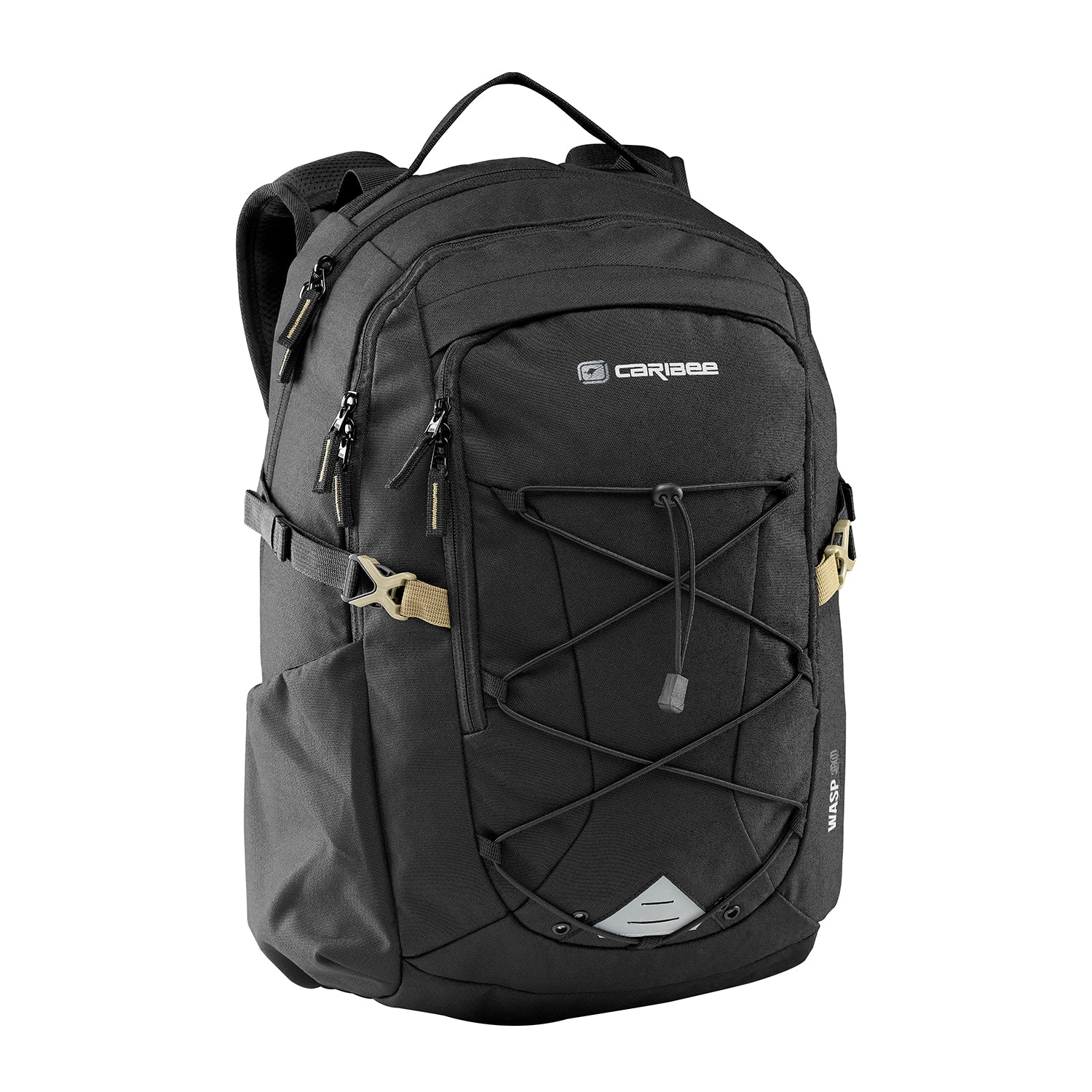 Black backpack with visible Caribee branding on a white background