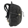 Black backpack with multiple zippers and straps on a white background
