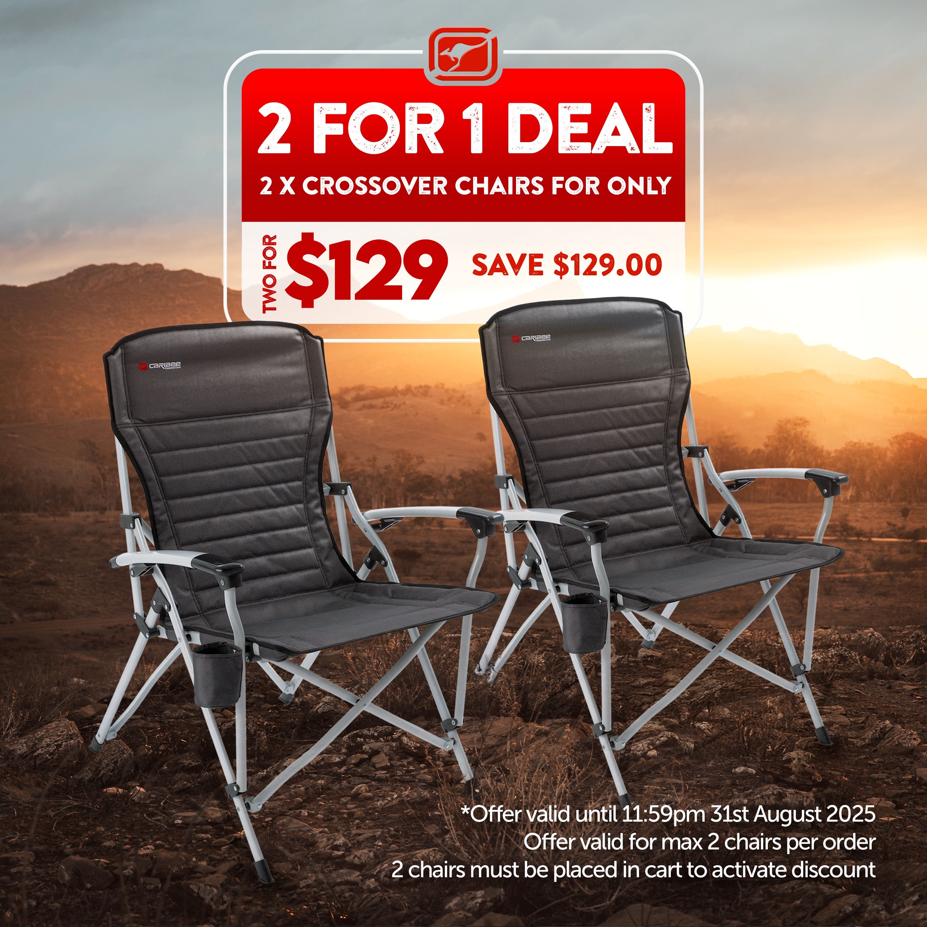 Two Caribee camping chairs with a promotional sign for a 2-for-1 deal against a sunset landscape.