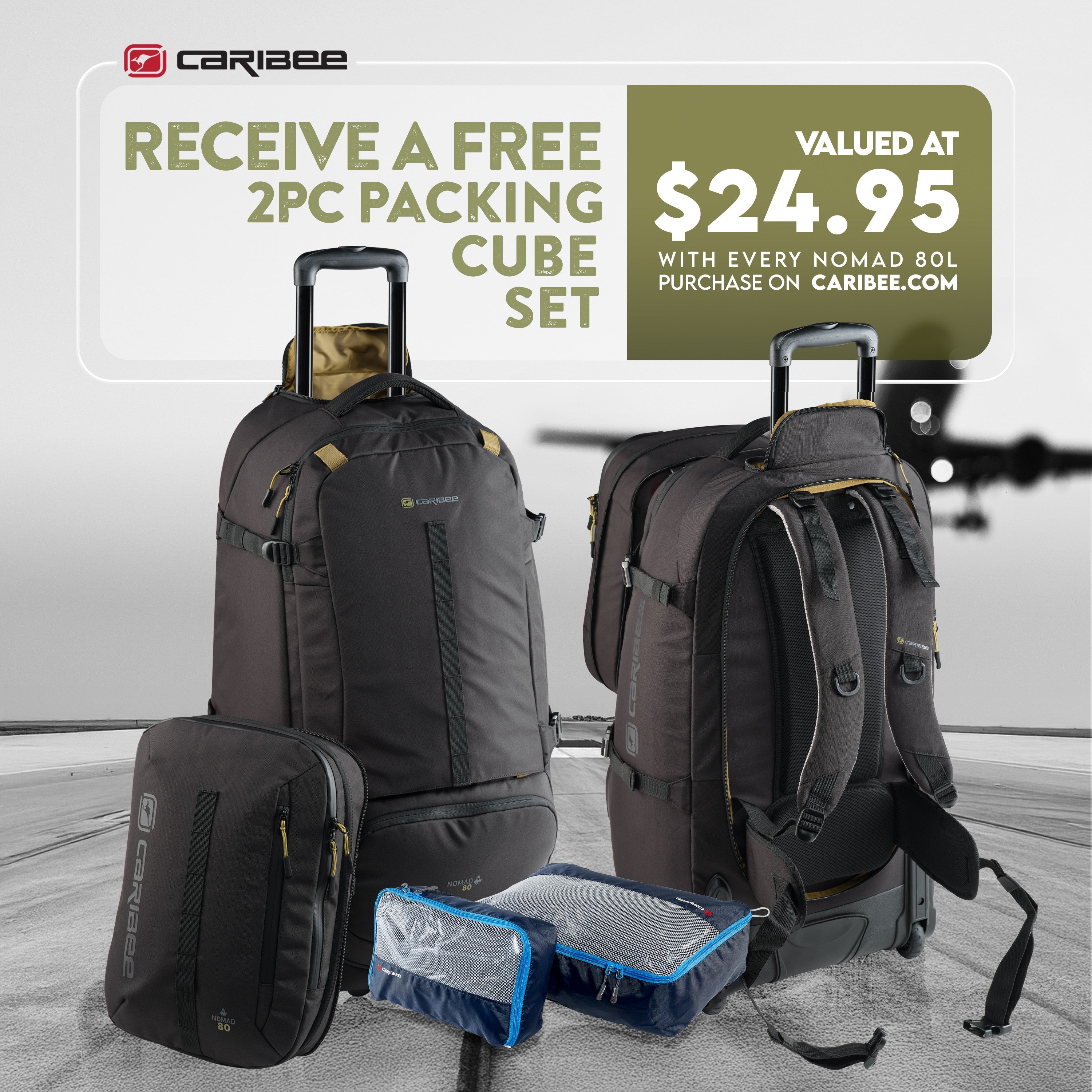 Nomad 80L RPET wheel travel backpack with BONUS 2pc Packing Cube Set