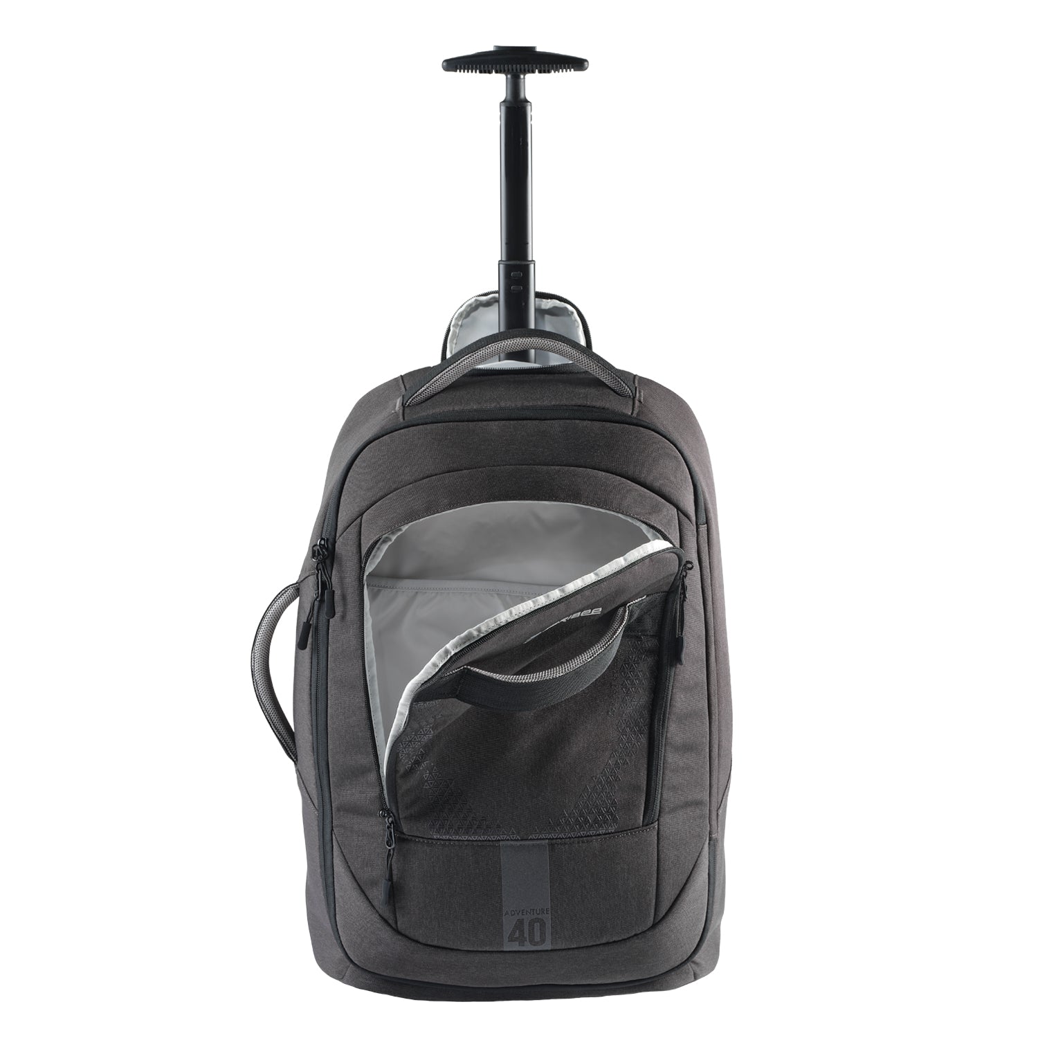 Caribee Adventure 40 Hybrid wheel aboard bag front pocket open