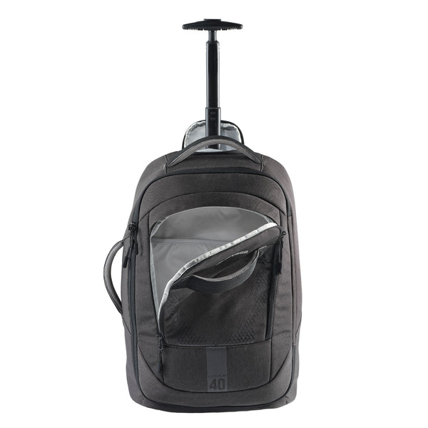 Caribee Adventure 40 Hybrid wheel aboard bag front pocket open