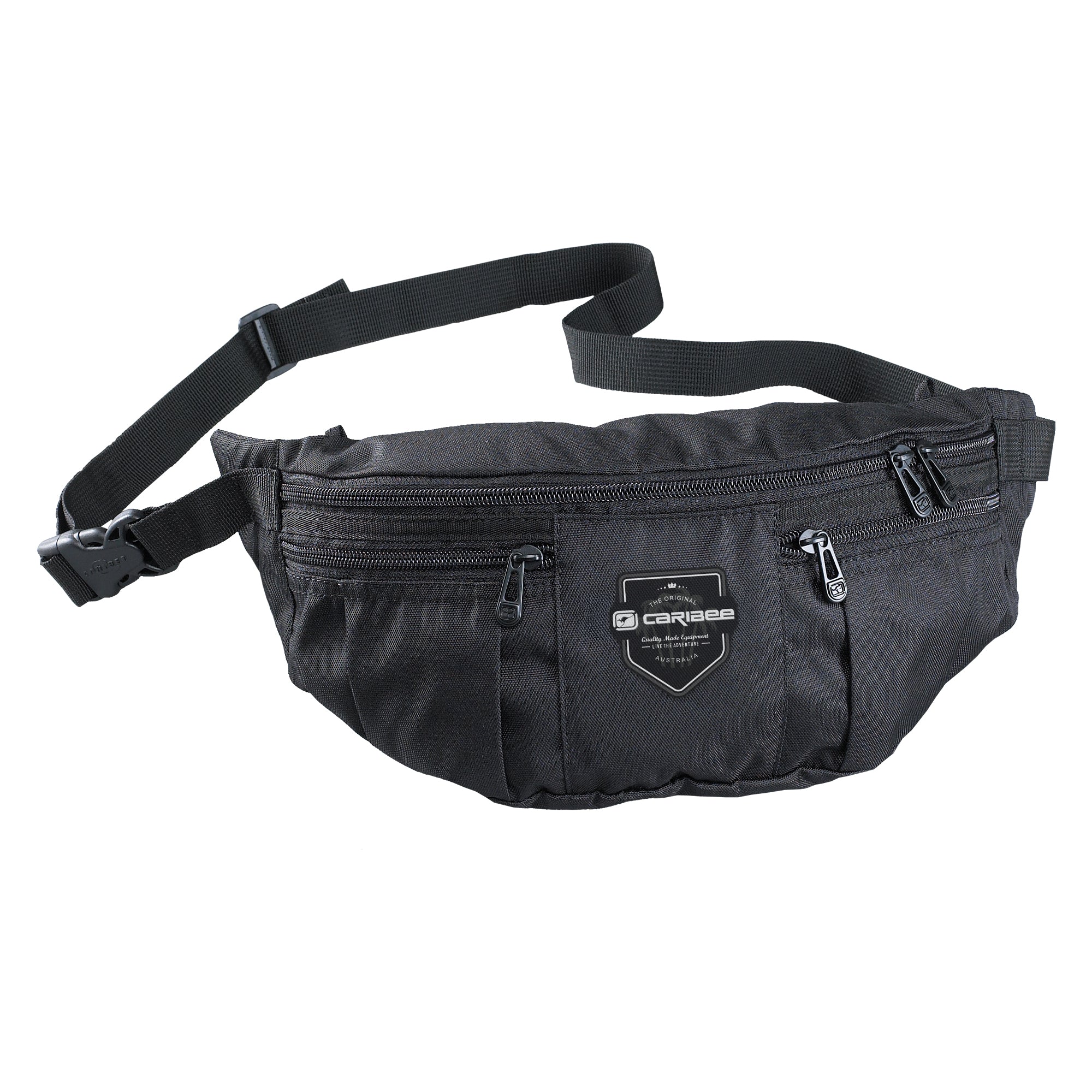 multi pocket waist bag in black colour on white background