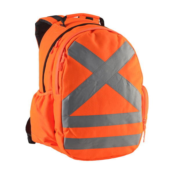 Orange backpack with reflective cross design on a white background