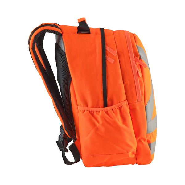 Orange backpack with reflective stripes on a white background