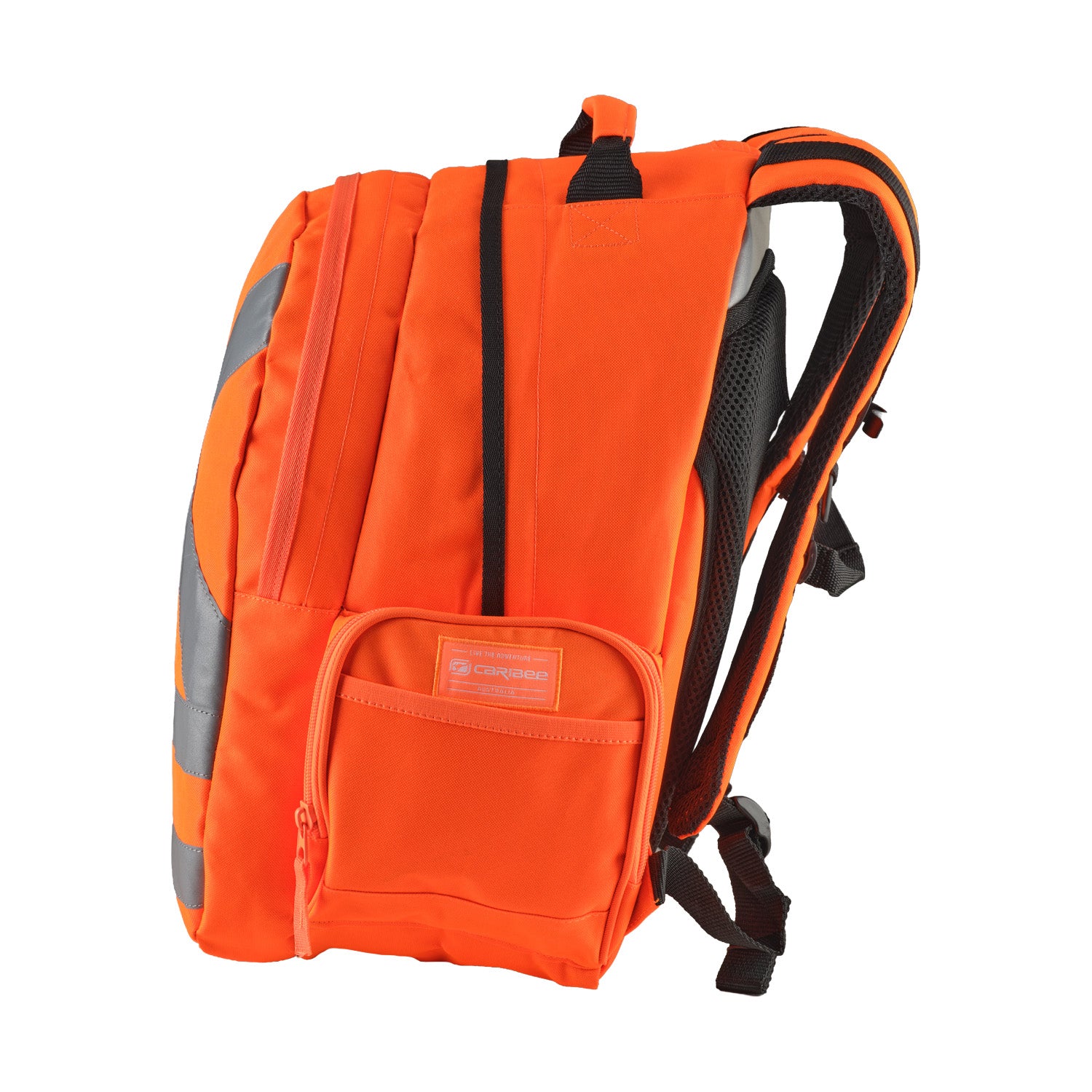 Orange backpack with reflective stripes on a white background