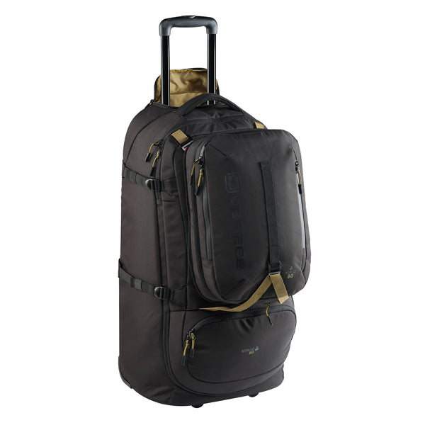Black rolling travel pack with olive accents on a white background
