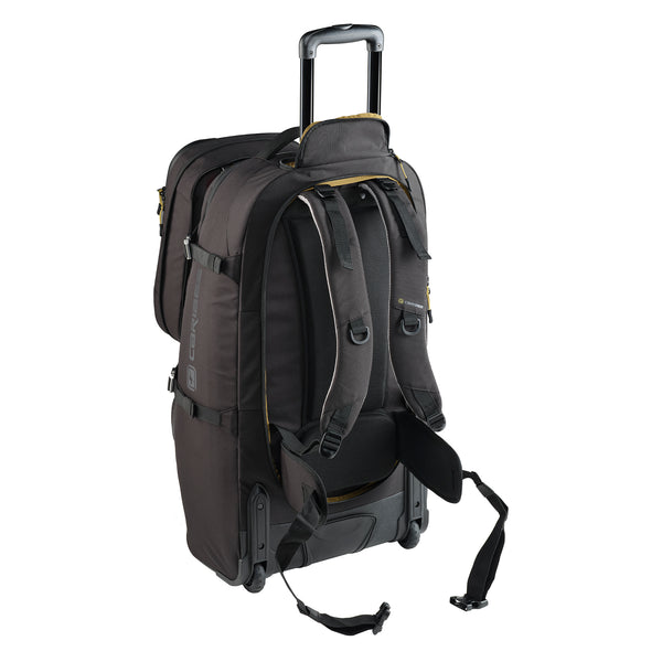 Black rolling backpack on a white background with harness exposed