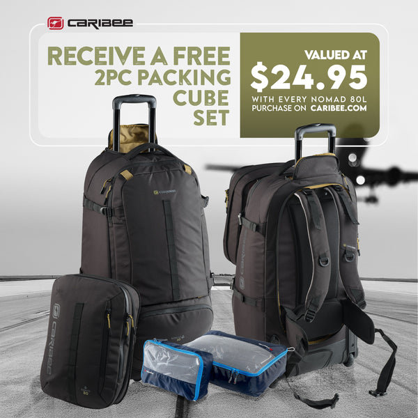 Nomad 80L RPET wheel travel backpack with BONUS 2pc Packing Cube Set