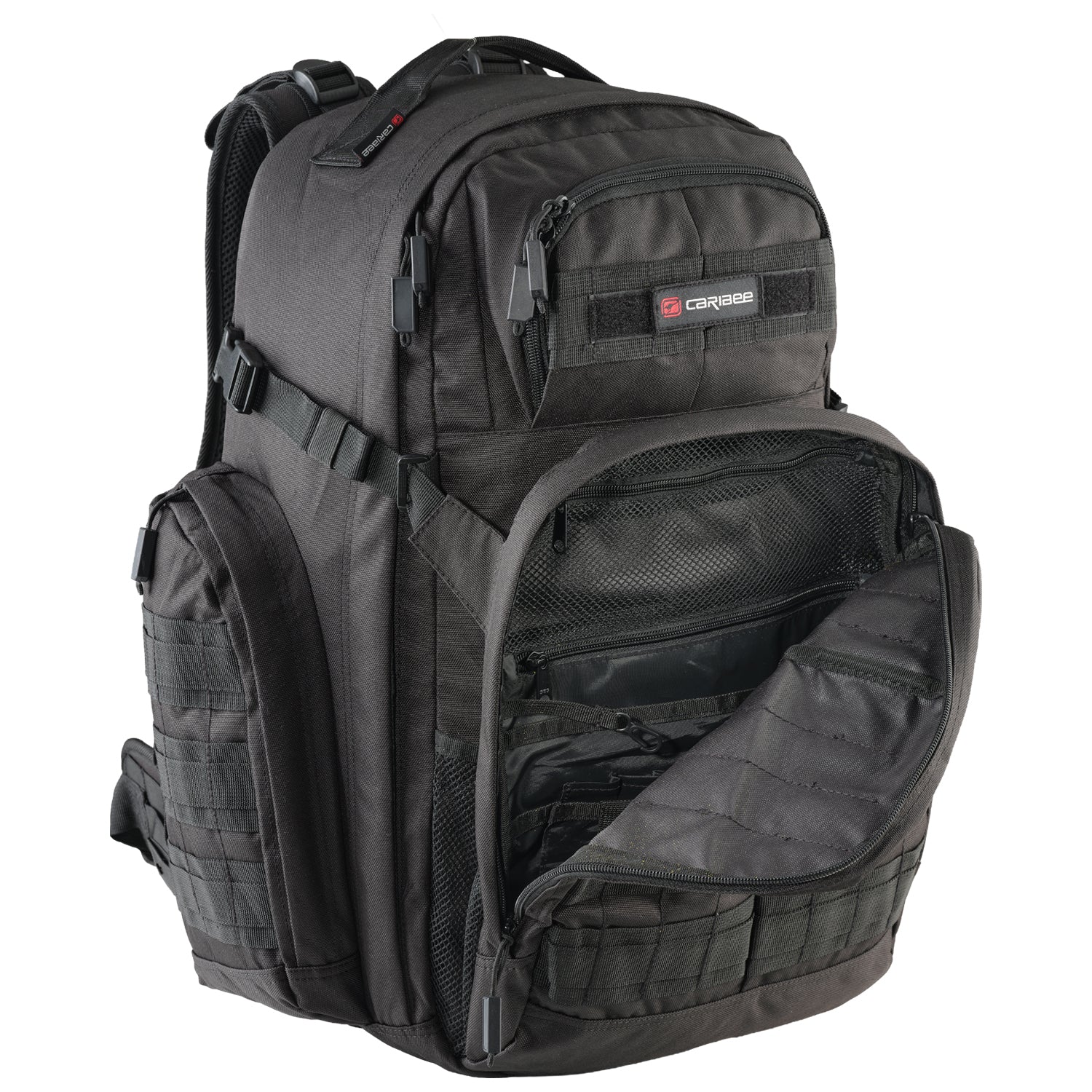 Op's Pack Black tactical backpack with open front compartment on a white background