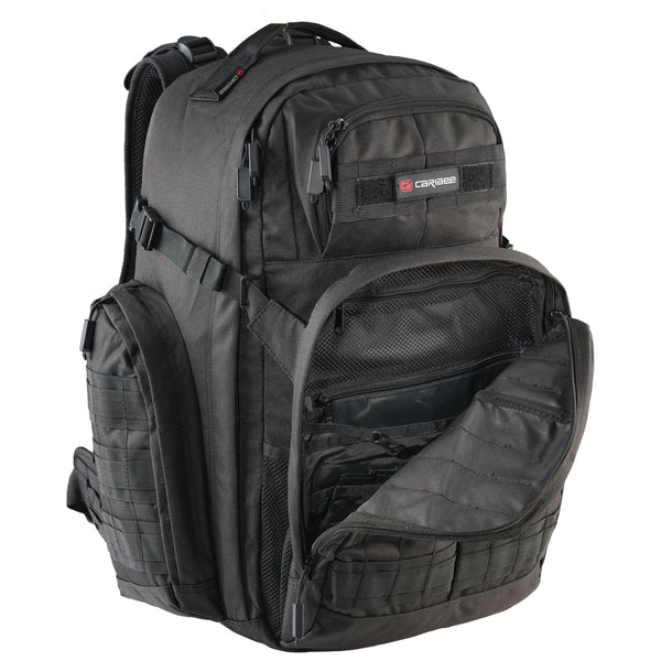 Op's Pack Black tactical backpack with open front compartment on a white background