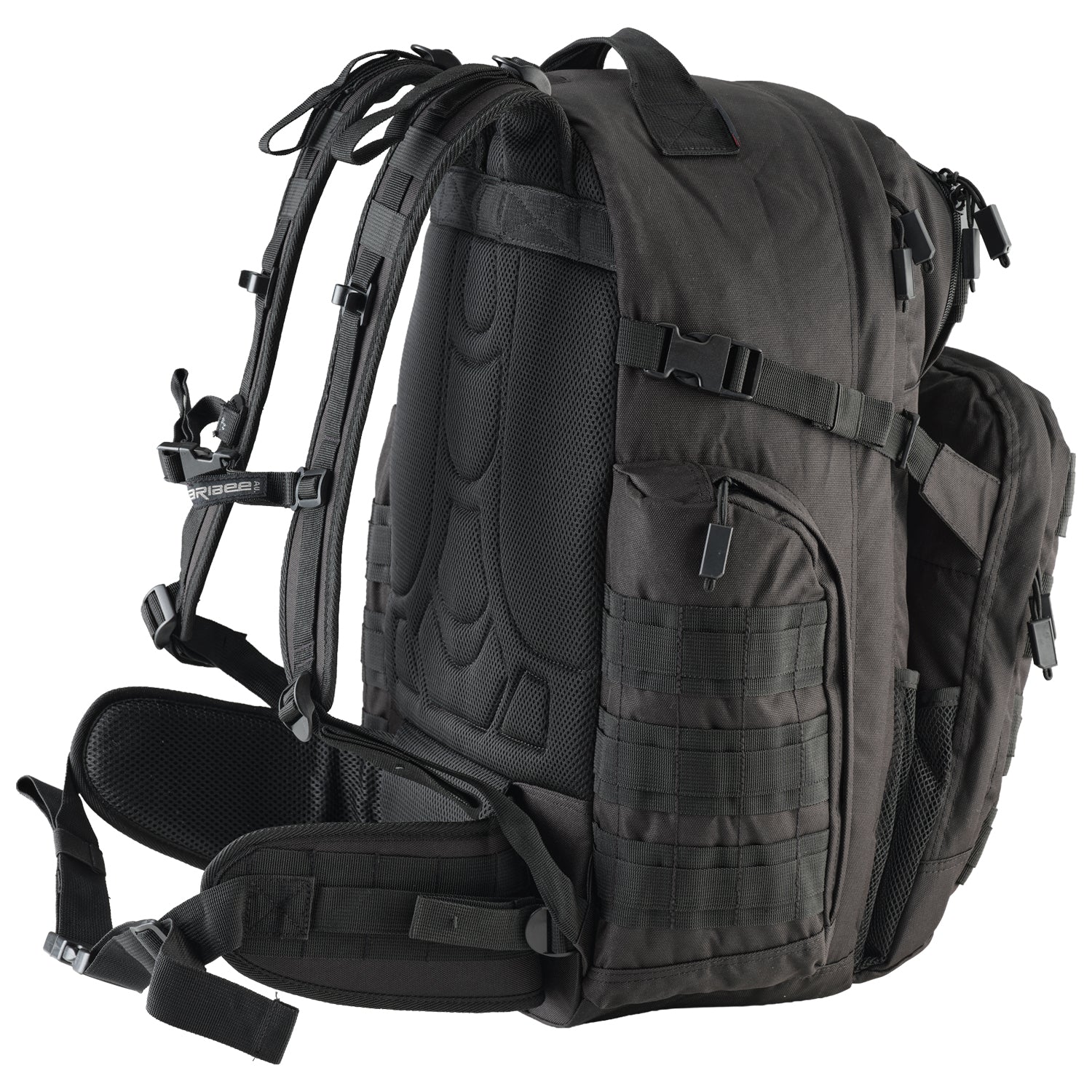 Op's Black tactical backpack side view  on a white background