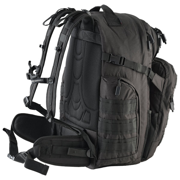 Op's Black tactical backpack side view  on a white background