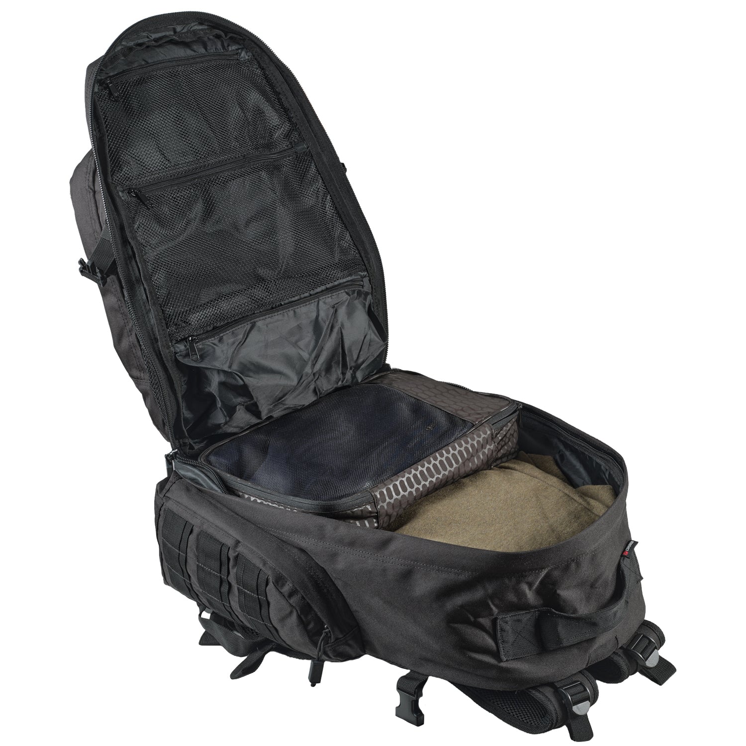 A black caribee op's tactical backpack shown open, displaying its interior compartments, mesh pockets, and padded compartments, set against a plain white background.