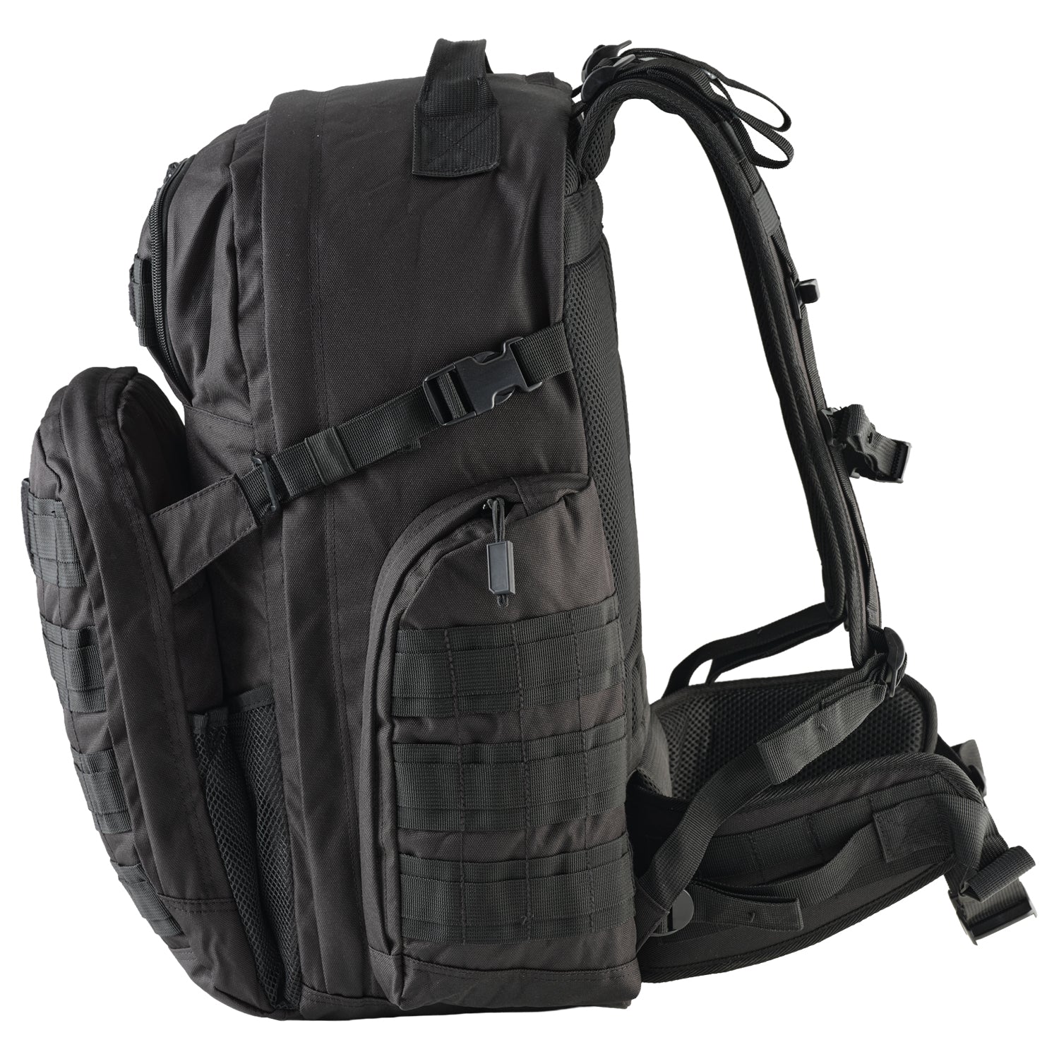 Black tactical side view backpack on a white background