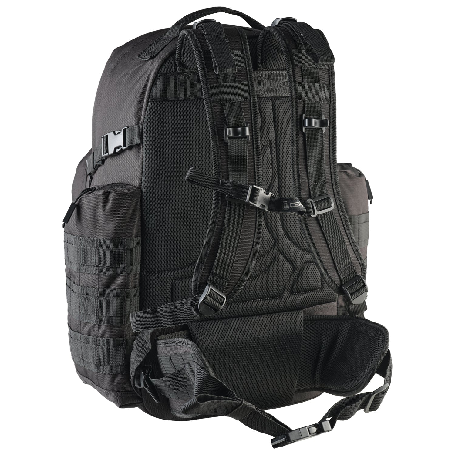 Black tactical backpack harness on a white background